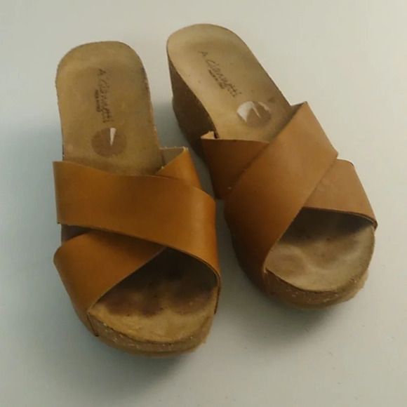 A. Giannetti Italy Leather cross strap slides 3" cork heel platform wedgesandals - Picture 1 of 9